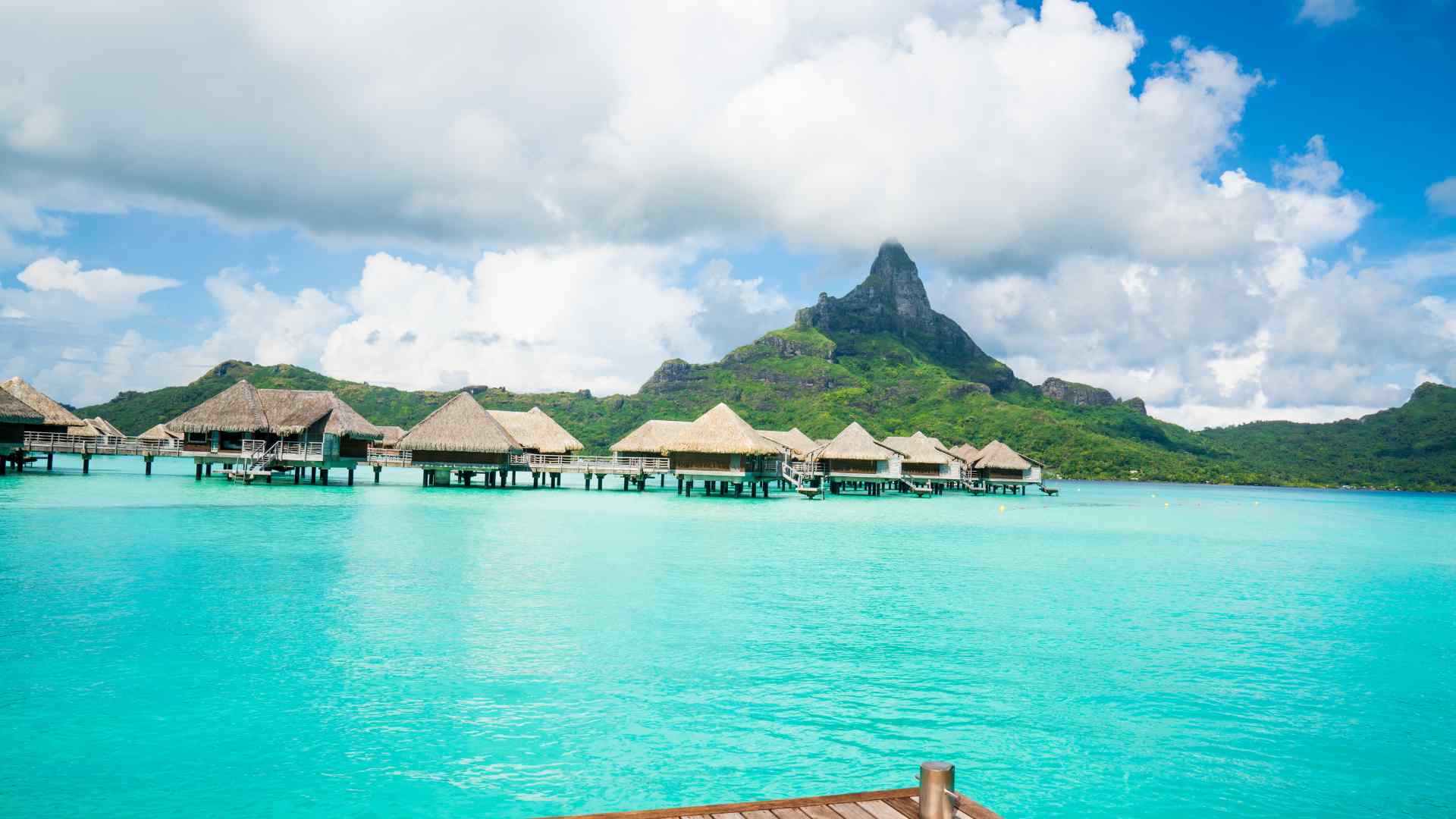 Bora Bora lagoon and Mount Otemanu viewed from a beach