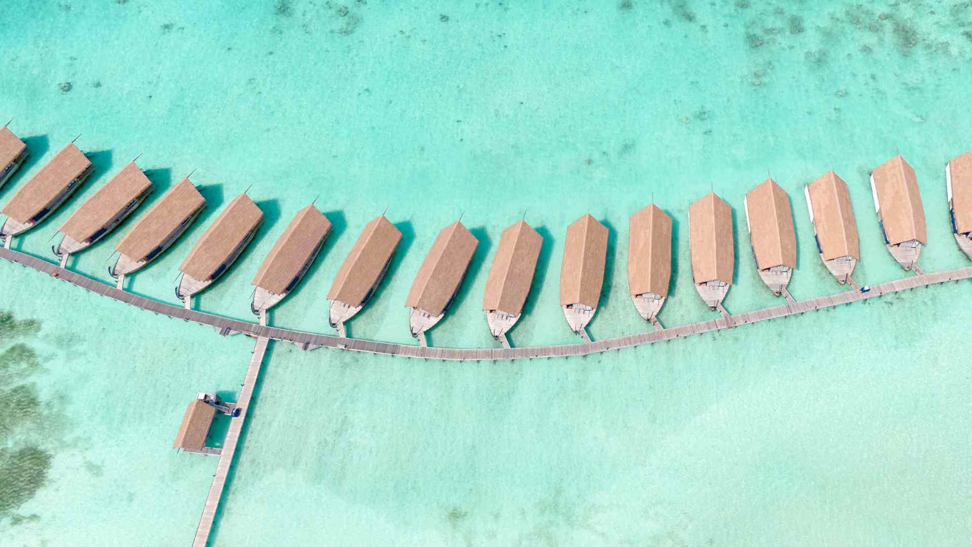 A curved jetty lined with overwater villas in a shallow tropical lagoon