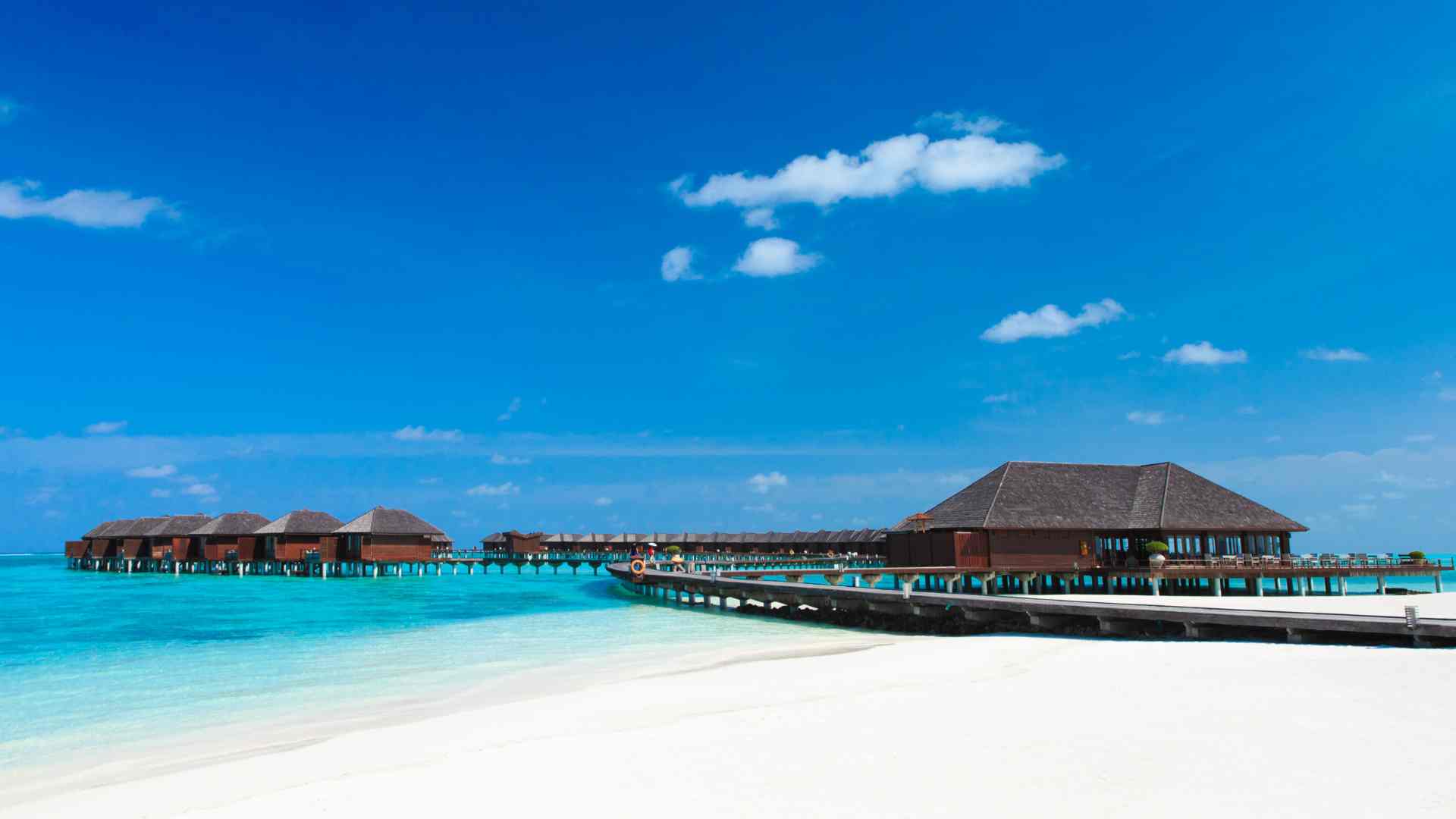 Tropical overwater bungalows beside a white-sand beach