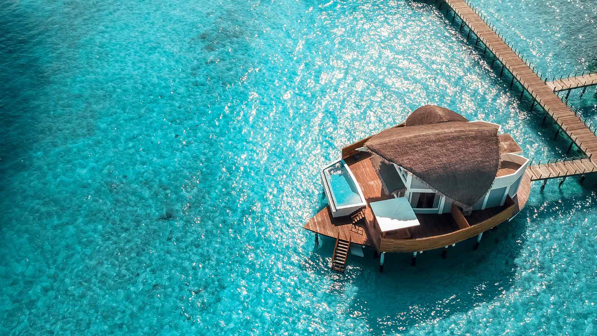 Overwater honeymoon bungalow facing a calm blue lagoon