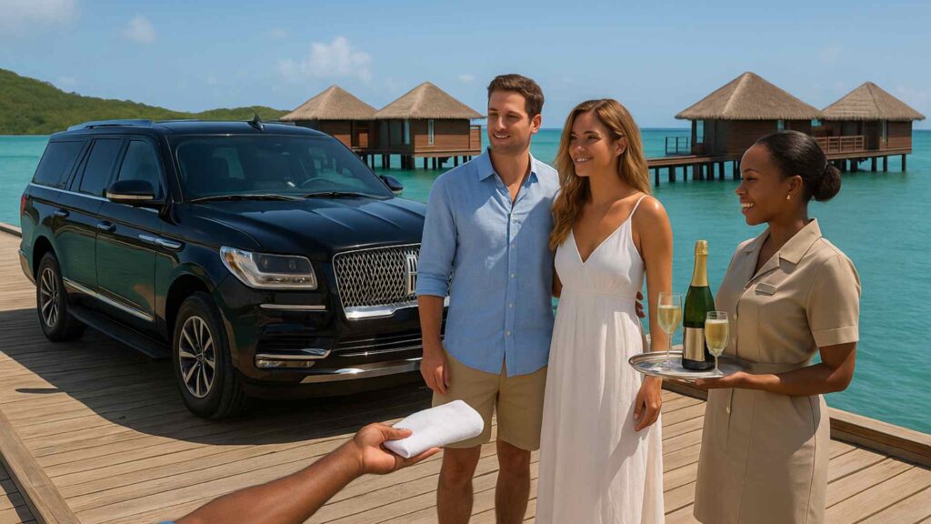 Couple welcomed with champagne beside Royalton Antigua overwater villas