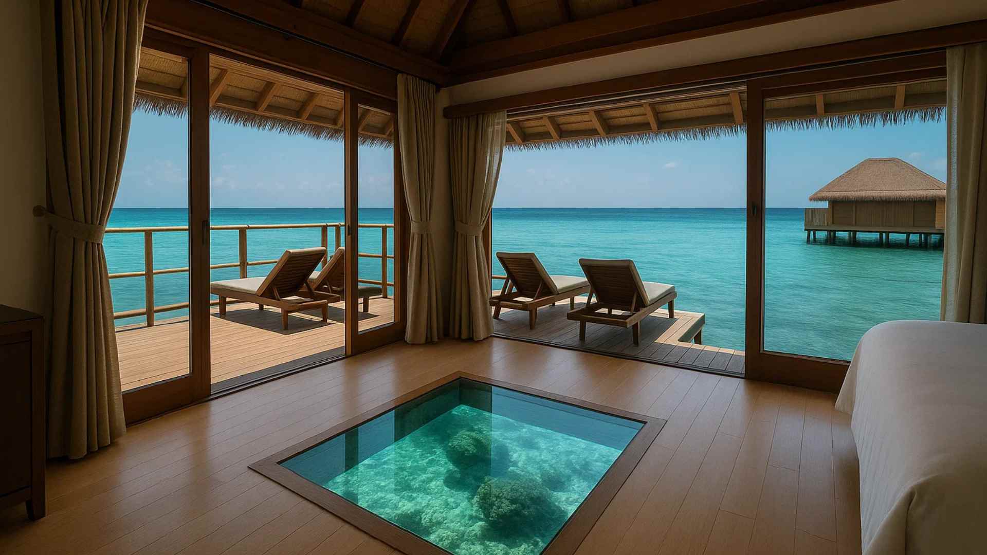Viewing window set into the floor of a tropical water villa
