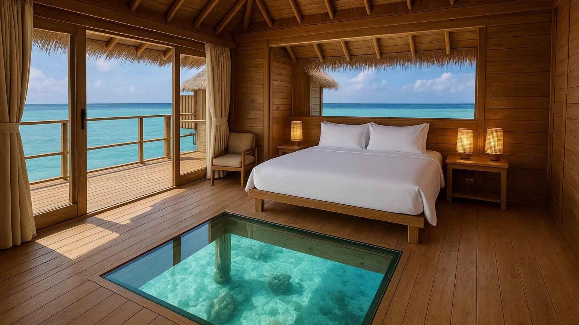 Glass viewing panel inside a Maldives overwater villa