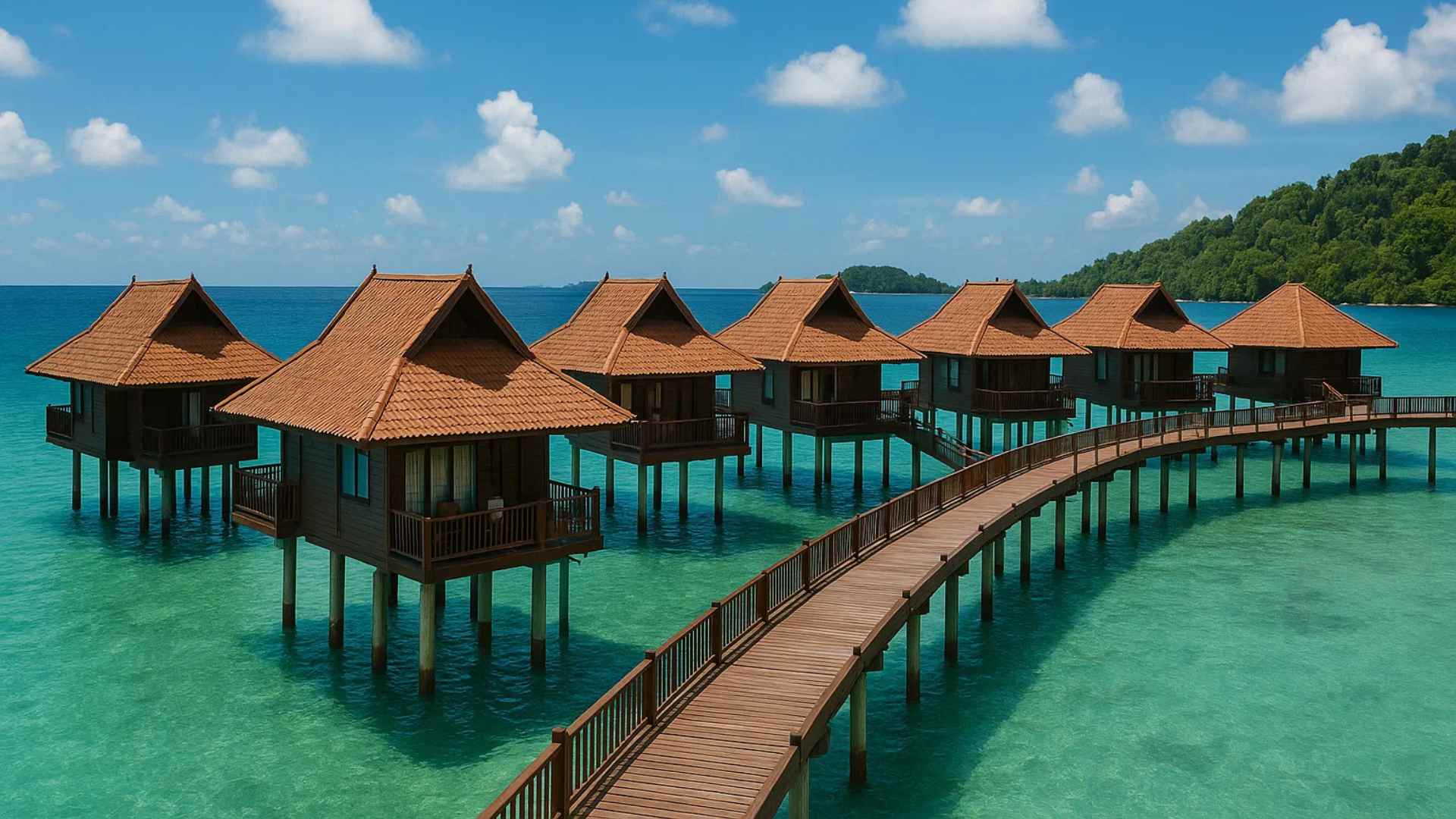 Wooden overwater chalets linked by a long jetty in Malaysia