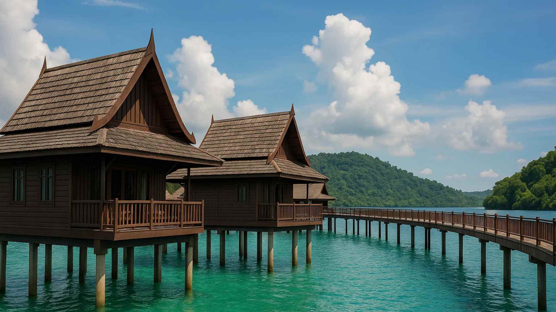 Overwater dive-lodge chalets above tropical water in Malaysia