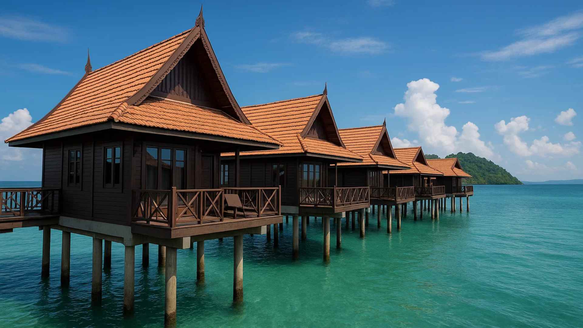 Sea villas built above coastal water at a Malaysian island resort