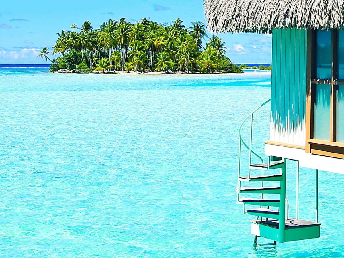 An overwater bungalow deck in Bora Bora
