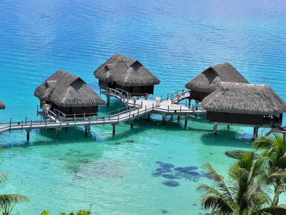 A tropical water villa view in Bora Bora