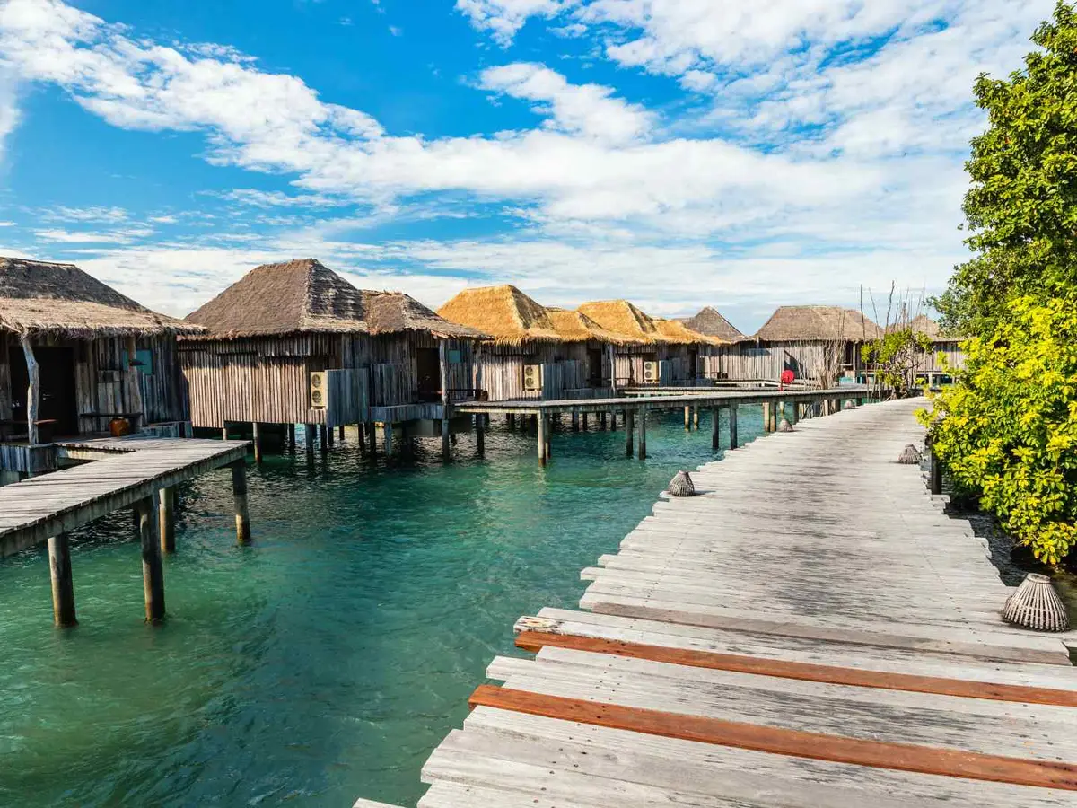 An overwater bungalow deck in the Caribbean