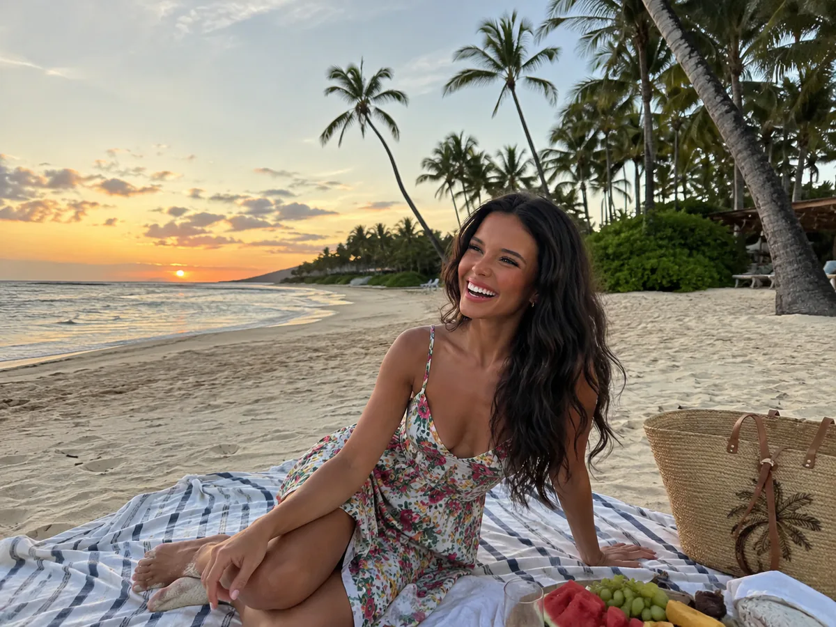 Ellie Simons enjoying a sunset picnic on a tropical beach