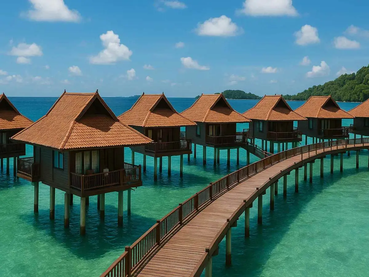 A boardwalk connecting overwater stays in Malaysia