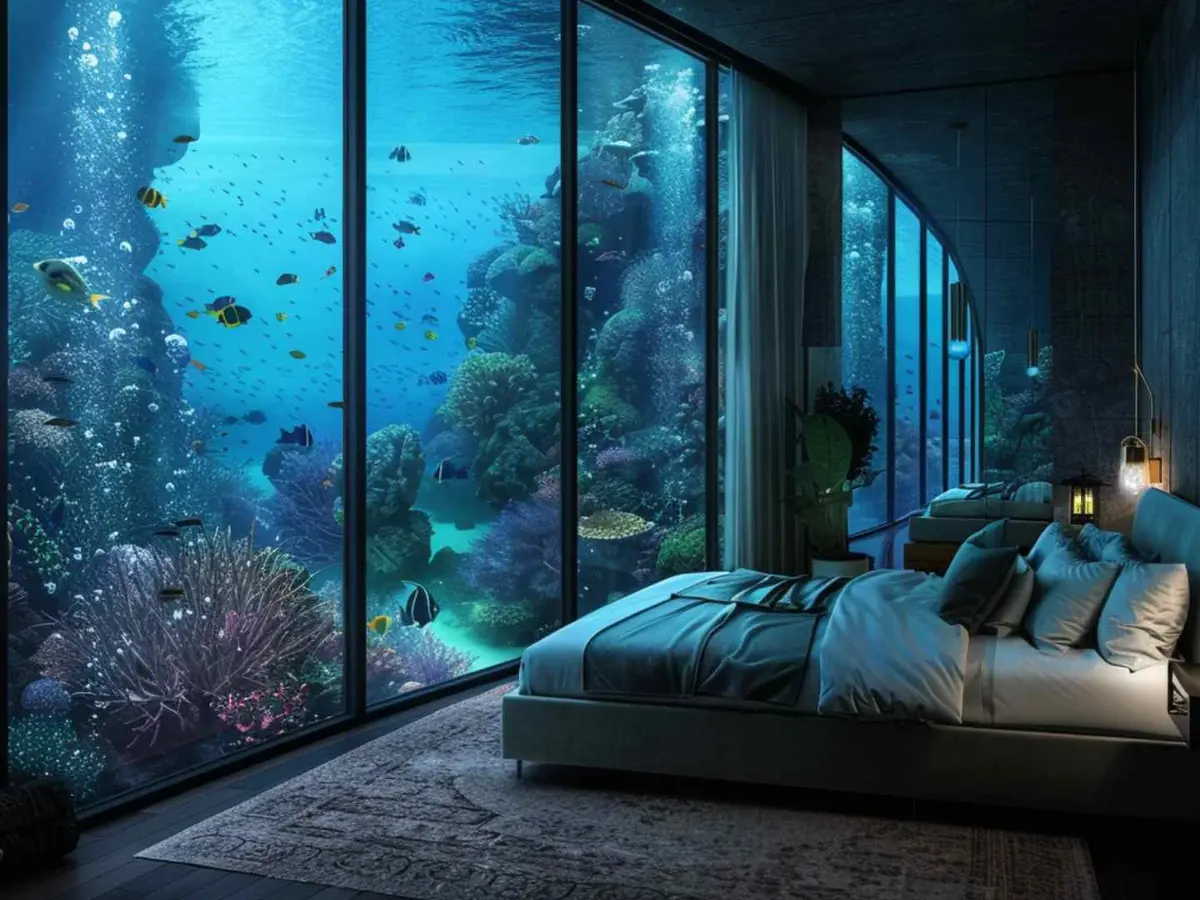 An underwater bedroom with aquarium views in Dubai