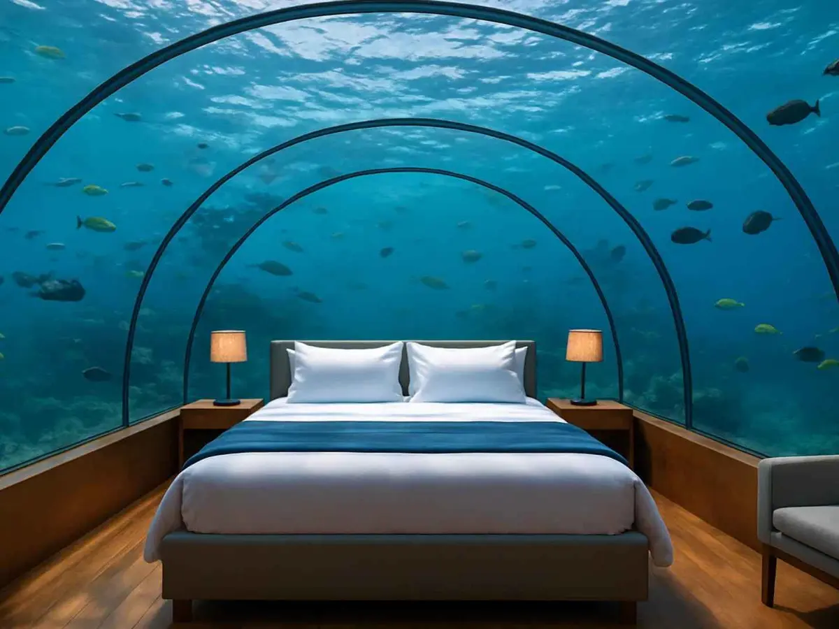 An underwater suite surrounded by Maldivian marine life