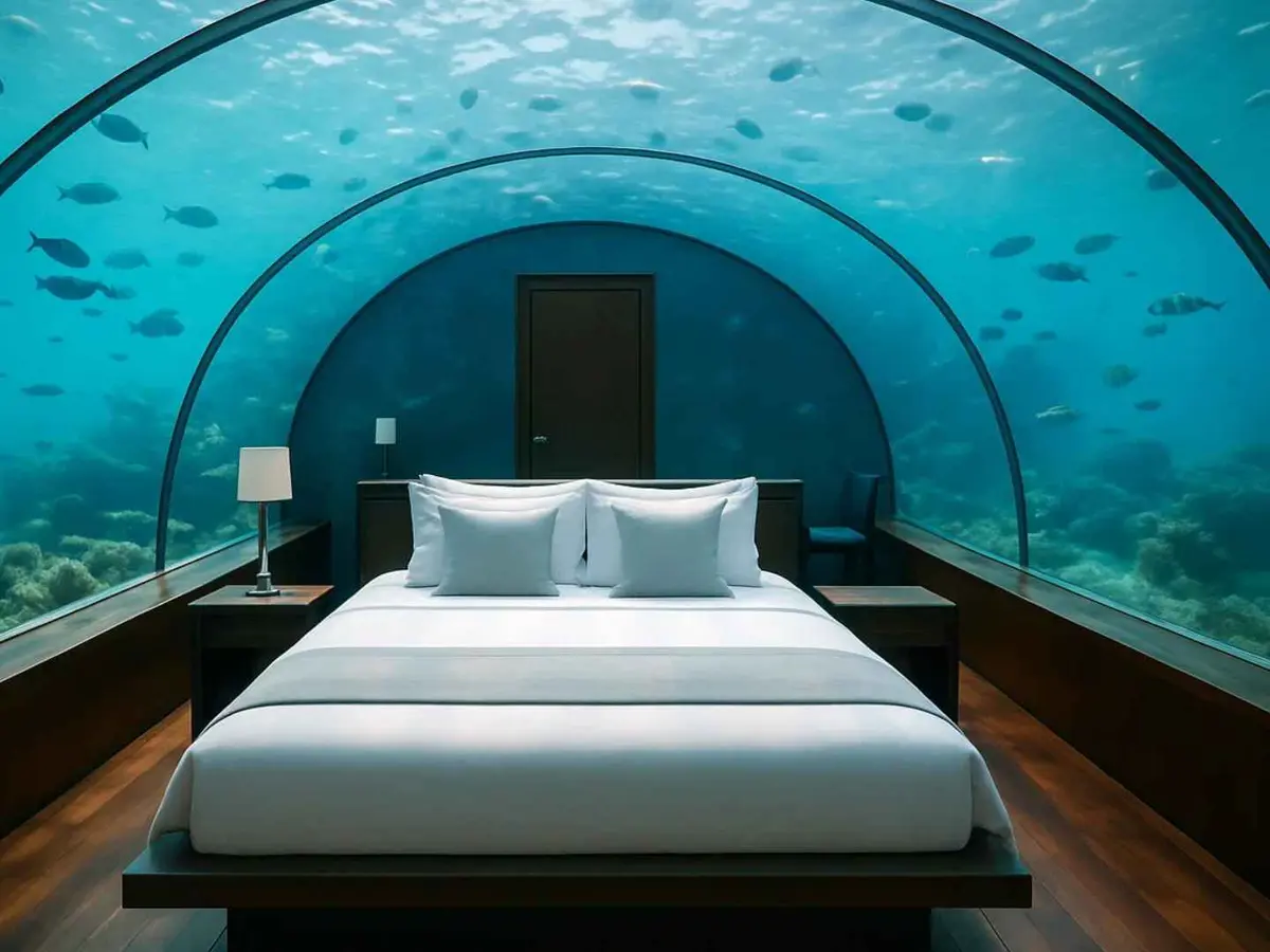 A submerged bedroom looking into a Maldives reef